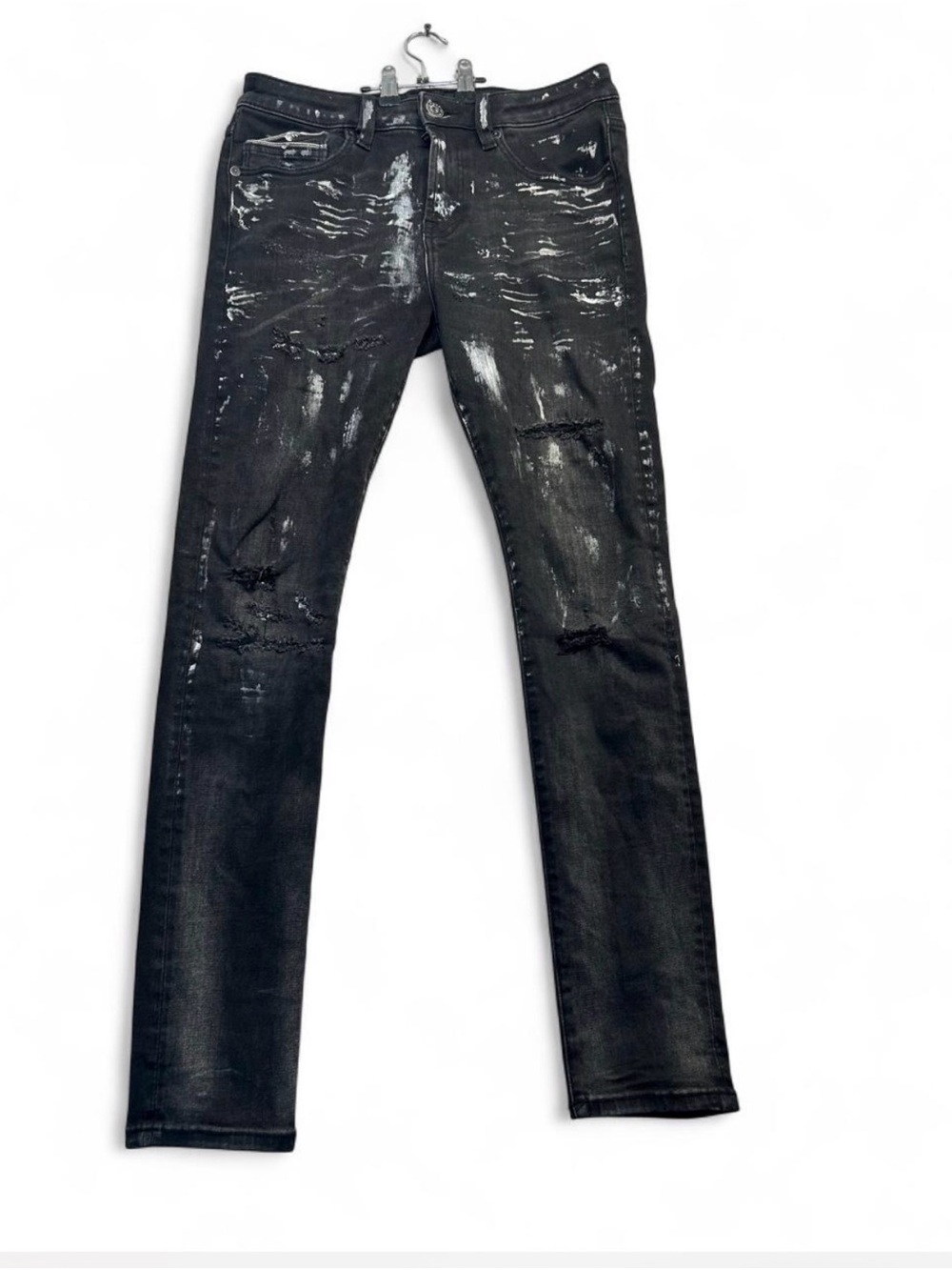 Cult of Individuality Black Distressed Skinny Jeans with Paint Effect